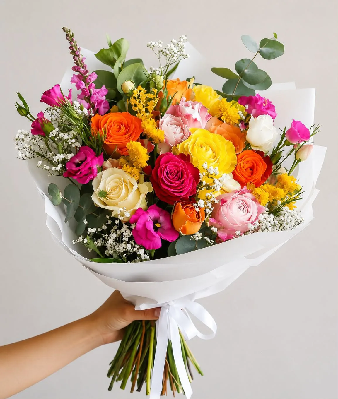 Buquê colorido com rosas, lisianthus e flores do campo entregue pela Akio Floricultura em São Miguel Paulista